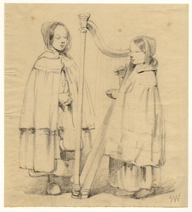 32544 Afbeelding van een meisje met een viool in haar rechterhand en een harpspelend meisje tijdens een kermis te Utrecht.